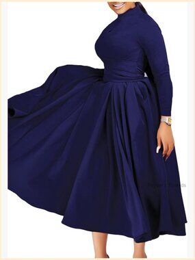Long Sleeve Maxi Dress A-Line High Waist Pleated Plus Size Formal Church